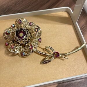 Vintage Sarah Coventry Large Red Aurora Borealis Rose Brooch / Pin